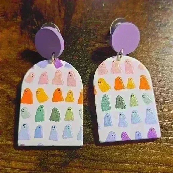 3 /$15 New Boutique Halloween Colorful Rainbow Ghost Earrings - Picture 2 of 2
